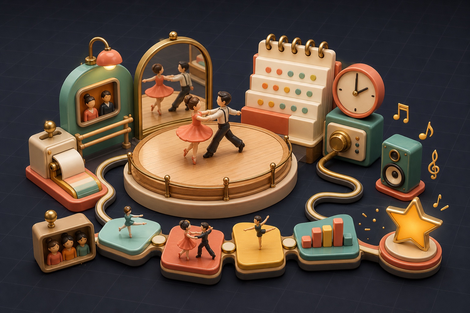 A miniature dance studio world connecting dancers, schedules, rooms, music, and progress